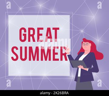 Schreiben mit Text Great Summer. Geschäftlicher Ansatz Fun Good Sunshine geht zum Strand und genießt die Außenansicht Illustration einer Geschäftsfrau, die mit ihrem Laptop Ideen präsentiert. Stockfoto