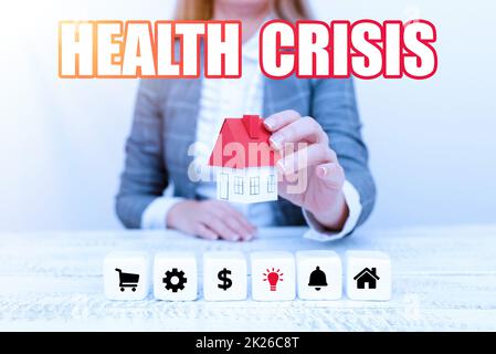 Textüberschrift präsentiert Gesundheitskrise. Konzept bedeutet Fitness-Problem, das Menschen in geographischen Gebieten betrifft Eine junge Dame Orbusinesswoman Holding oder Präsentieren Haus in Business Outfit Stockfoto