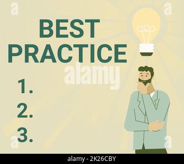 Inspiration mit Best Practice-Zeichen. Konzept bedeutet selektive Fokussierung bewährte Erfolgsideen und effektive Illustration eines Mannes im Stehen mit neuen erstaunlichen Ideen. Stockfoto