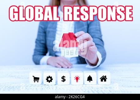 Handschrifttext Globale Antwort. Das Wort auf zeigt das Verhalten von Material abseits des Aufprallpunkts Einer jungen Dame Orbusinesswoman Holding oder Presecting Home in Business Outfit Stockfoto