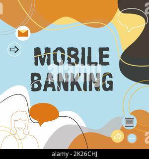Konzeptionelle Überschrift Mobile Banking. Word wurde geschrieben, um Finanztransaktionen mit der Verwendung von Smartphone-Illustrationen zu erstellen, die in der Chat Cloud Nachrichten austauschen. Stockfoto