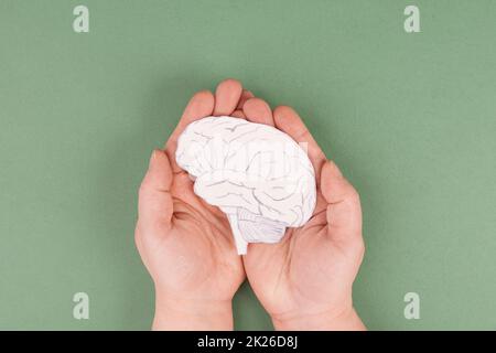 Ein Gehirn in den Händen halten, Parkinson-Krankheit, Alzheimer-Bewusstsein, psychische Störung, Demenz, psychologische Probleme Stockfoto