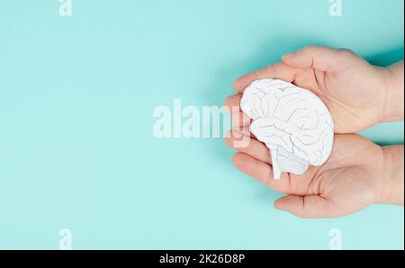 Ein Gehirn in den Händen halten, Parkinson-Krankheit, Alzheimer-Bewusstsein, psychische Störung, Demenz, psychologische Probleme Stockfoto