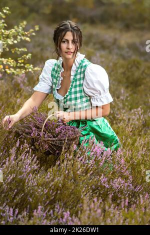 Attraktives Mädchen mit Dirndl im Wald Stockfoto