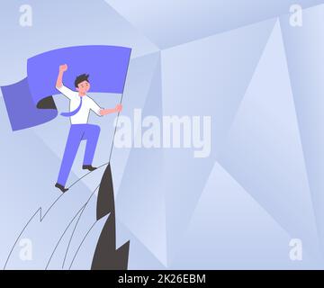 Man on A Mountain Drawing ist stolz auf seinen Erfolg beim Klettern in die Wolken. Athlet on A Cliff feiert Erfolg beim Aufstieg nach oben. Der Sportler Erreicht Den Himmel. Stockfoto