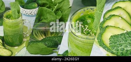 Collage von Fotos mit Einmachglas Tassen gefüllt mit frischem grünem Spinat und Gurken Smoothie Stockfoto