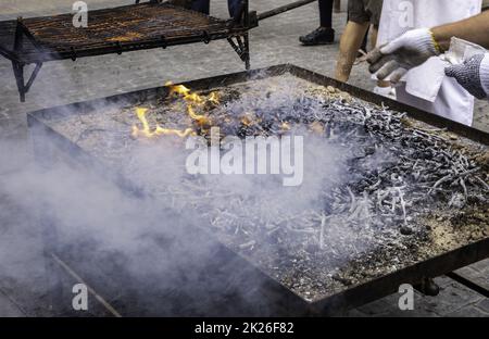 Detail der brennenden Weinstöcke, um ein Barbecue zu machen Stockfoto