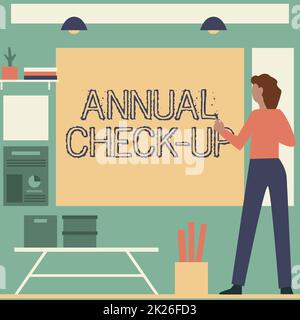 Textzeichen mit jährlichem Check-up. Internetkonzept eine gründliche medizinische Untersuchung findet jedes Jahr statt Geschäftsfrau Casual Stand präsentiert Karten und neue wundervolle Ideen. Stockfoto