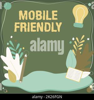 Inspiration mit dem Schild „Mobile Friendly“. Die Business Concept-Website ist so konzipiert, dass sie auf einem Mobilgerät korrekt angezeigt wird. Textrahmen umgeben von verschiedenen Blumen, Herzen und Blättern Stockfoto