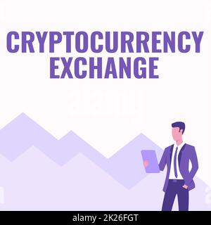 Handgeschriebenes Schild Cryptocurrency Exchange. Geschäftsausstellungen ermöglichen es Kunden, digitales Geld gegen andere Vermögenswerte zu tauschen Mann in Uniform eine Hand in Pocket Standing Holding Computer Tablet. Stockfoto