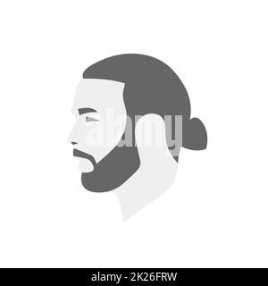 Mann Profil Gesicht Symbol, Hipster Freelancer Portrait Logo. Kopfhaar, Brot und Schnurrbart. Minimalistische, flache Silhouette. Vektorgrafik. Stockfoto