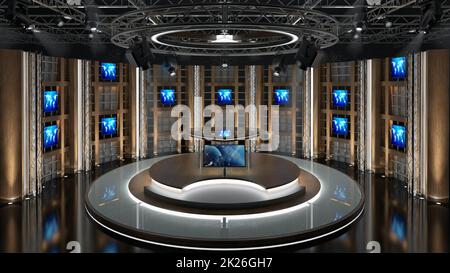 Virtual TV Studio-Set. Grüner Bildschirmhintergrund. 3D-Rendering. Stockfoto