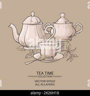 Teekanne mit Tasse und Sugar Bowl Stockfoto