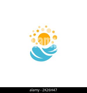 Logo für isolierten Vektor im Sommer. Illustration für sonnige Tage. Bild von Meer oder Meer. Unterwasseroberfläche. Naturbild. Symbol für Reisen. Sonnenbaden-Symbol. Frühling. Schwimmschild. Welliges Wasser. Warmes Wetter. Kinderfoto. Stockfoto