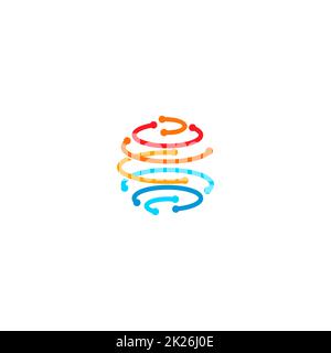 Kugel aus farbigen Linien mit Punkten in den Knoten, die die Form des Planeten Erde bilden. Kommunikation Globe Netzwerktechnologie, abstraktes Vektorlogo. Stockfoto