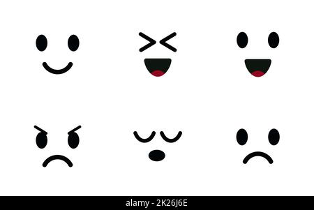 Emoji-Symbolgruppe. Charaktere Gesichter, süßes Emoticon, Stimmungssymbole. Lächelndes, glückliches, fröhliches, trauriges und wütendes Gesicht. Darstellung isolierter Vektoren auf weißem Hintergrund. Stockfoto