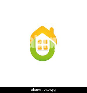 Ikone mit dem Bild eines eleganten und stilisierten Hauses. Isoliertes Logo in Gelb und Grün. Das moderne Design des Logos der Immobilienagentur und andere Designs mit Geschäftsgebäuden Stockfoto