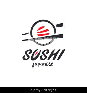 Sushi und Brötchen mit Stäbchen- oder Restaurantlogo. Traditionelle japanische oder chinesische Küche, leckeres Essenssymbol. Abstraktes Schwarz und Rot für asiatisches Emblem. Stockfoto