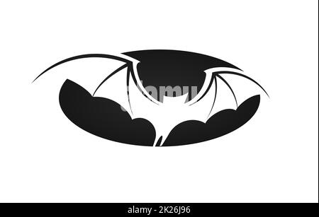 Fledermaus im Flug, breite Flügel, negative Raumsilhouette der Fledermaus auf schwarzem ovalem Hintergrund, Vektordarstellung. Halloween- und Vampir-Vorlage für einfache Logos und Symbole. Stockfoto