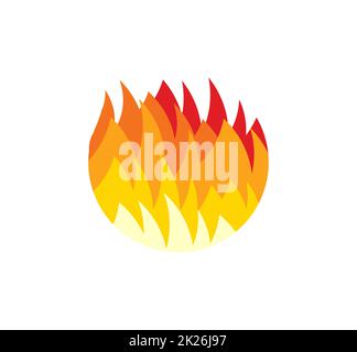 Feuerball-Symbol. Rote und gelbe Flammenzunge, flache runde Fire-Logo-Vorlage. Eine moderne Idee für ein Emblem. Konzeptentwurf für Unternehmen. Darstellung isolierter Vektoren auf leerem Hintergrund. Stockfoto