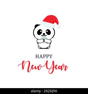 Süßer Panda mit einem Silvesterhut. Illustration der Weihnachtsfigur. Minimalistisches Logo für Neujahrsvektor Stockfoto