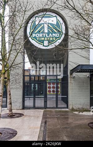 Tor zum Jeld Wen Field auf SW Morrison, dem Heimstadion der Portland Timbers in Portland, Oregon. Stockfoto