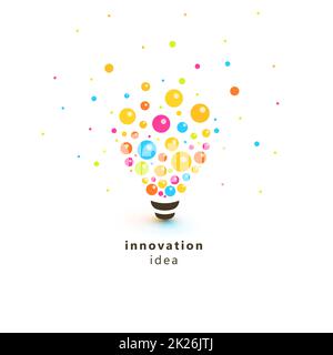 Helle bunte Glühbirne, abstraktes Innovation Idea Logo. Lampe aus Kreisen und Kugeln, die auf den verschiedenen Seiten als Photonen, Lichtpartikel, Vektordarstellung verstreut sind. Stockfoto