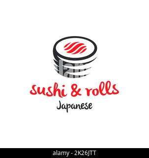 Sushi und Brötchen mit Stäbchen- oder Restaurantlogo. Traditionelle japanische oder chinesische Küche, leckeres Essenssymbol. Abstraktes Schwarz und Rot für asiatisches Emblem. Stockfoto