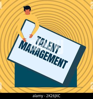 Handschriftliches Schild Talent Management. Geschäftsansatz entwickeln Sie die talentiertesten überlegenen Mitarbeiter, die es gibt Gentleman Drawing Holding mit Einer riesigen leeren Zwischenablage. Stockfoto