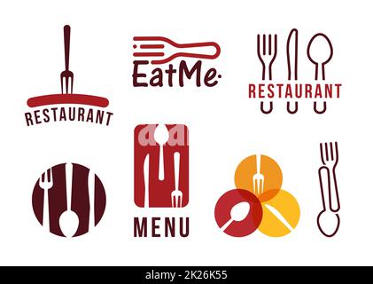 Restaurant-Vektor-Logo-Set, flacher Cartoon-Stil. Gabel, Messer und Löffel, Barbecue-Würstchen, moderne Grafiken für die Speisekarte im Restaurant Café, isoliert auf weißem Hintergrund Stockfoto