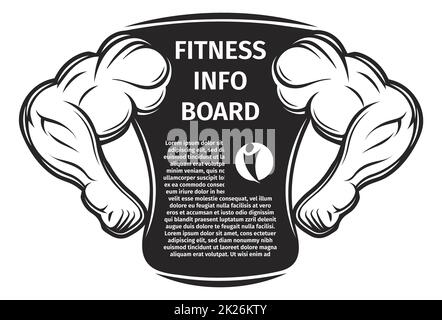 Sports Nutrition board Vector Illustration. Gehärtete Hände eines Bodybuilder. Sport essen Hintergrund. Stockfoto