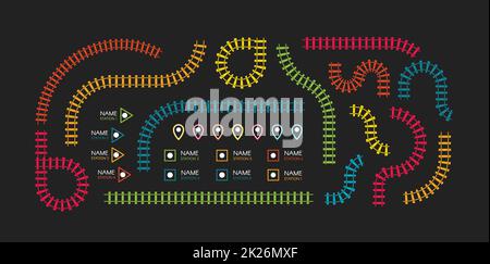 Eisenbahn, U-Bahn Stationen Karte top Aussicht, infografik Elemente. Bahn einfache Icon Set, Rail Track Richtung, Gleise bunte Vektorgrafiken auf schwarzem Hintergrund, bunte Treppe. Stockfoto