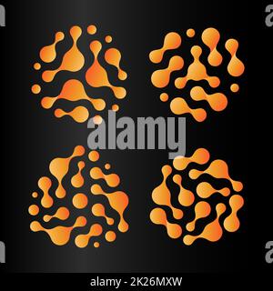 Abstract sun Icon Set, orange hot Logos, isolierte ungewöhnliche Bakterium Form. Radioaktives Element, Atom Technologie Vektorgrafiken auf schwarzem Hintergrund. Stockfoto