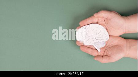Halten eines Gehirns in den Händen, Parkinson-Krankheit, Alzheimer-Awardness, psychische Störung Demenz, psychologische Probleme, Zerebrale Venenthrombose Stockfoto