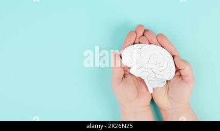 Halten eines Gehirns in den Händen, Parkinson-Krankheit, Alzheimer-Awardness, psychische Störung Demenz, psychologische Probleme, Zerebrale Venenthrombose Stockfoto