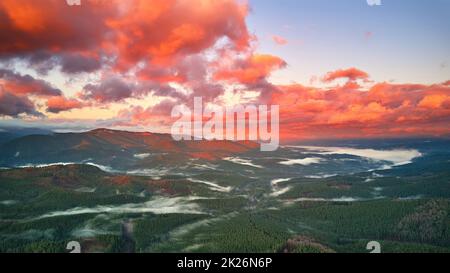 Farbenfroher Sonnenaufgang im Herbst über nebligen Wäldern. Wald bedeckt von niedrigen Wolken. Ländliche Herbstlandschaft. Stockfoto