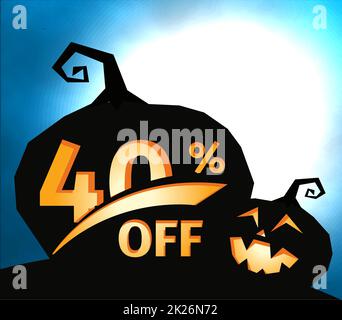 Kürbis Silhouette auf dunkel blauem Himmel und Vollmond. Halloween 40 Prozent aus, Verkauf Banner. Urlaub bieten, Herbst Rabatt Vector Illustration. Stockfoto