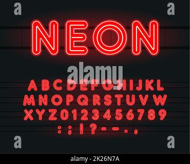 Set aus Neonbuchstaben, Zahlen und Zeichen. Vector Alphabet für Bar, Kino, Spielautomaten und Casino. Vektoren. Rot beleuchtete Schriftart auf schwarzem Hintergrund. Stockfoto