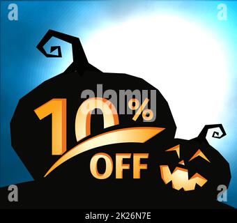 Kürbis Silhouette auf dunkel blauem Himmel und Vollmond. Halloween 10 Prozent Rabatt, Verkauf Banner. Urlaub bieten, Herbst Rabatt Vector Illustration. Stockfoto