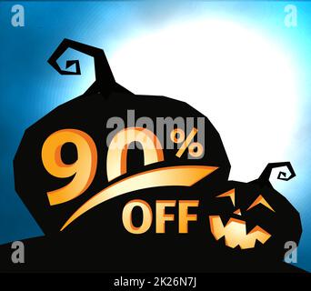 Kürbis Silhouette auf dunkel blauem Himmel und Vollmond. Halloween 90 Prozent aus, Verkauf Banner. Urlaub bieten, Herbst Rabatt Vector Illustration. Stockfoto