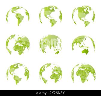 Globus, verschiedene Seitenansichten. Alle Länder Grenzen an die Weltpolitikkarte. Östliche und westliche Hemisphäre. Alle Seiten der Welt. Darstellung isolierter Vektoren auf weißem Hintergrund. Stockfoto