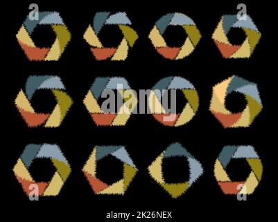 Isolierte abstrakte Runde und Sechseck Form Logos Kollektion. Bunten geometrischen flauschige Textur Logo auf schwarzem Hintergrund gesetzt. Foto-Linsenelemente Vektor-Illustration. Stockfoto