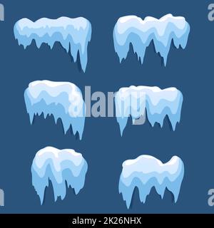 Satz von isolierten Schneekappe. Verschneiten Elemente auf Winter Hintergrund. Vektor Vorlage im Cartoon-Stil für Ihr Design. Schneefall und Schneeflocken in Bewegung. Stockfoto