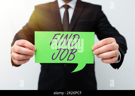 Schreiben mit Anzeige des Textes "Job suchen". Geschäftsüberblick eine Person, die für ihren Beruf geeignete Arbeit findet oder sucht und neue Pläne und Ideen vorlegt, die den Planungsprozess demonstrieren Stockfoto