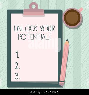 Inspiration zeigt das Schild „Entwirf dein Potenzial“. Internet Concept Mentor, Coach und eine weitere Führungsperson, um versteckte Talente zu öffnen Illustration von Stift auf dem Tisch neben dem Clipboard und der Kaffeetasse. Stockfoto