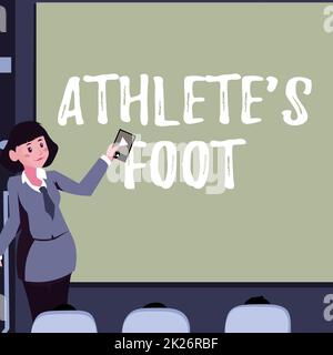 Konzeptionelle Darstellung Athlete S is Foot. Geschäftskonzept eine Pilzinfektion des Fußes, gekennzeichnet durch Blasen Frau mit Fernsteuerung präsentiert neueste Ideen auf dem Hintergrund Bildschirm. Stockfoto