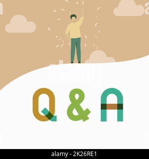 Handgeschriebener Text Q und A. Geschäftsansatz, bei dem eine Person Fragen stellt und eine andere Person sie beantwortet, man Drawing, Anheben Hand Sky, Standing Hill, der Erfolg zeigt. Stockfoto