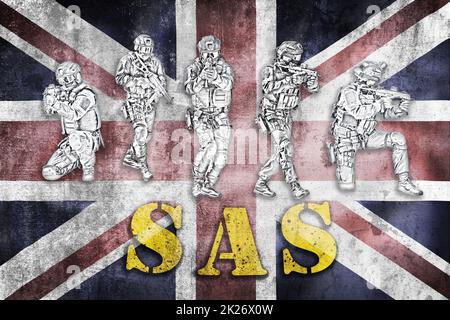 Sondereinsatzkommando in Aktion Illustration auf Grunge UK-Flagge mit SAS-Buchstaben, unmarkiertem und nicht erkennbarem swat-Team Stockfoto