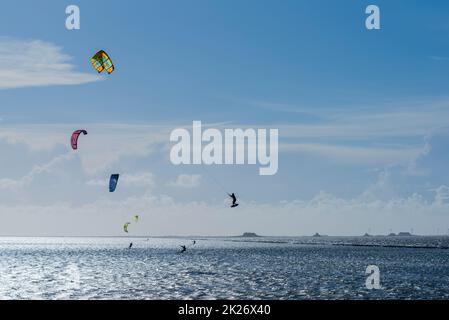 Kitesurfen an der Nordsee bei Lüttmoorsiel, Hallig Nordstrandischmoor am Horizont, Nrth Frisia, Norddeutschland Stockfoto