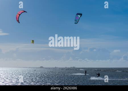 Kitesurfen an der Nordsee bei Lüttmoorsiel, Hallig Nordstrandischmoor am Horizont, Nrth Frisia, Norddeutschland Stockfoto